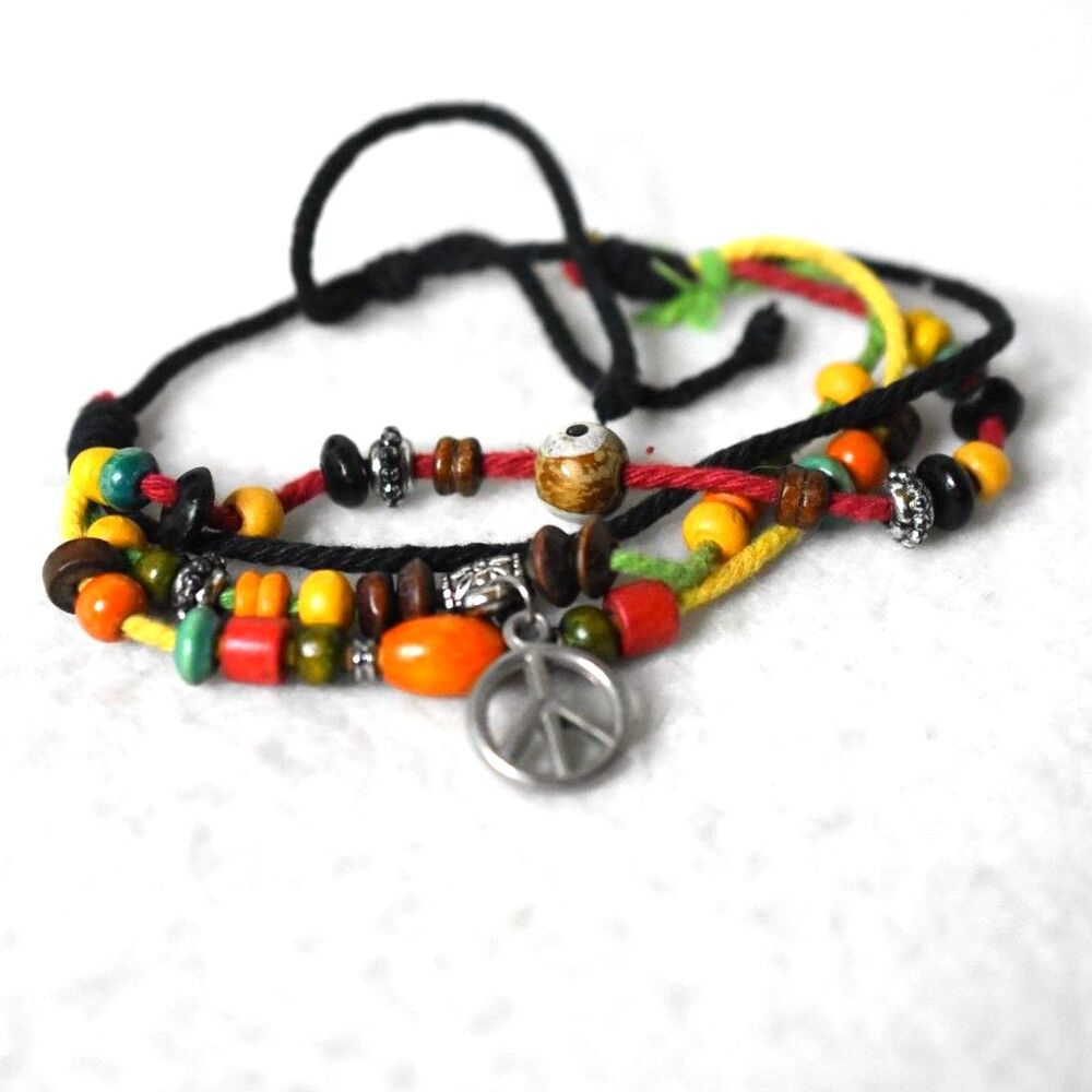 Vintage Reggae Island Vibe Multi Color Peace Black Cord Adjustable Bracelet